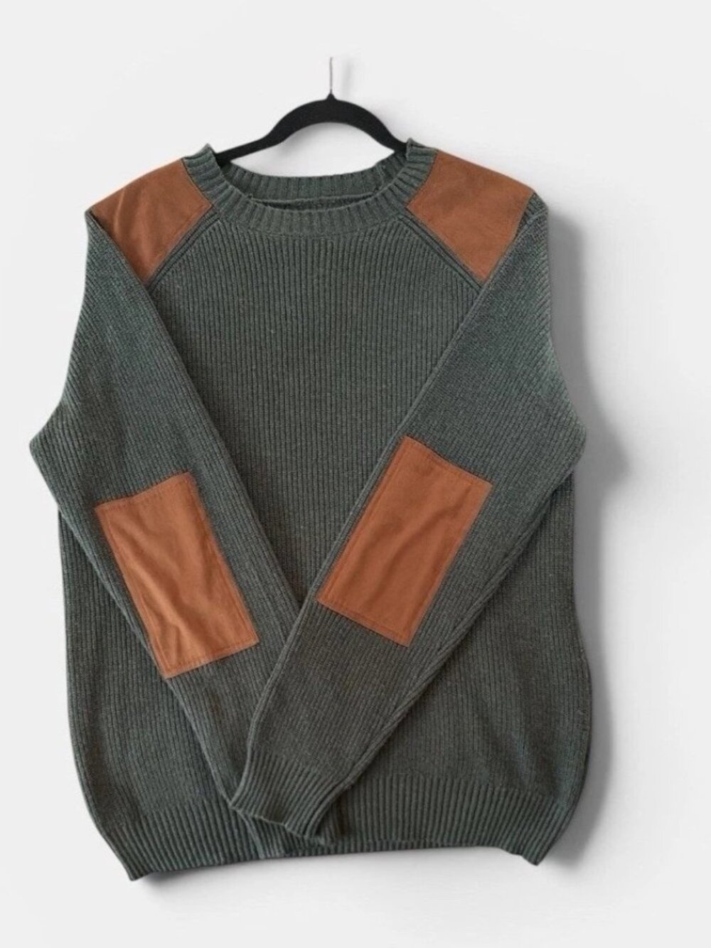 Share Hunter Men's Green Rib-Knit Crewneck Pullover Sweater Brown Suede Patches